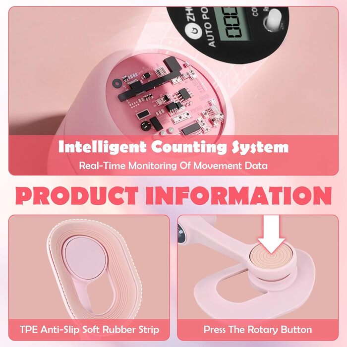 Тренер для стегон з підрахунком, тренажер для м'язів тазу, пристрій для тренування на 360° для внутрішньої поверхні стегон, прес для сідниць, тренажер для м'язів тазу для жінок вдома, рожевий