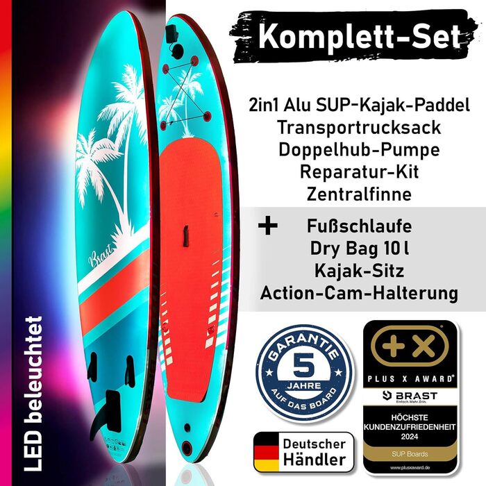 SUP Board BRAST з LED-підсвіткою | Надувний комплект для станд-ап паддлінгу | 320x81x15 см | 4 дизайни | LED-підсвічування (10 кольорів) | 5 років гарантії | 2-в-1: весло + сидіння для каяка | Тримач для Action-Cam, петля для ніг | Гавайський стиль