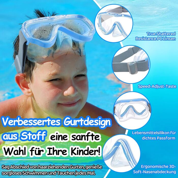 Дитячі маски для снорклінгу Vvinca: маска для плавання з тканинним ремінцем, 180° панорама, анти-тік, для дітей 3-13 років (блакитний)