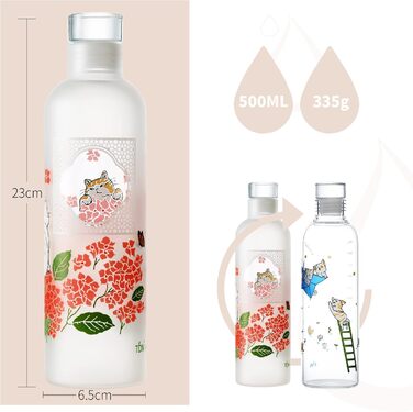 Скляна пляшка для води TDN 500 мл, герметична, без BPA, з неопреновим чохлом, для спорту, мийка в посудомийці, набір 2 шт: кішка і кішка-літак