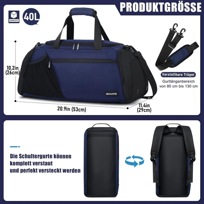 Спортивна сумка для чоловіків 40L, велика, рюкзак-сумка для подорожей, багато кишень, відділення для взуття, вологонепроникний рюкзак для плеча та рук, тренувальна сумка, сумка-weekender, спортивні сумки (темно-синій)
