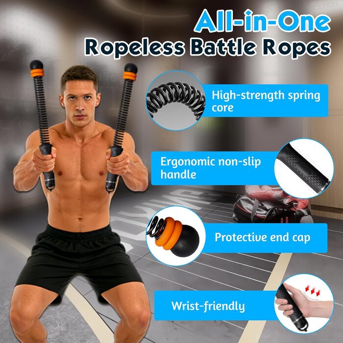 Битва мотузок TOGETDREAM: регульовані тренувальні канати без мотузки для силових тренувань, кардіо та спалювання жиру, чорний