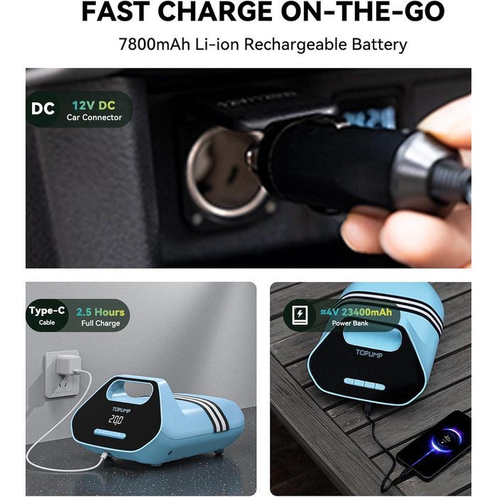 Електричний насос TOPUMP TPS300 7800mAh 20 PSI для SUP, човнів, каяків і кайтсерфінгу, акумуляторний, швидка зарядка 110V/12V, авто-вимкнення