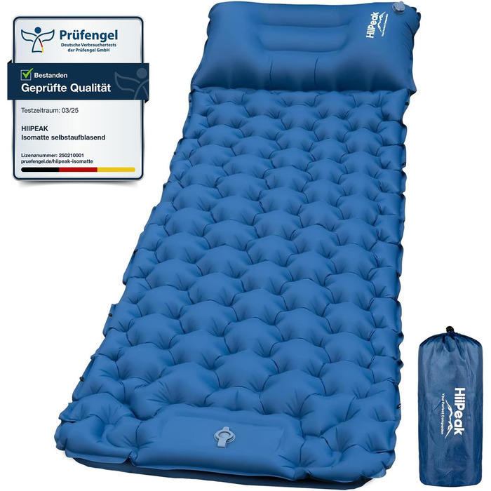 Каремат надувний HiiPeak Isomatte самонадувний туристичний, з інтегрованими подушками, блакитний, з насосом