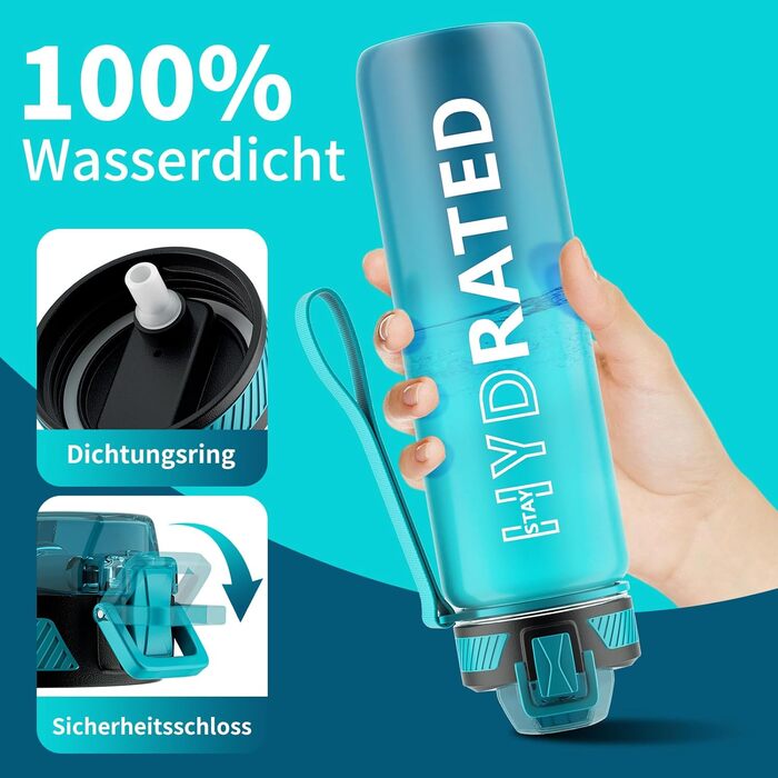 Спортивна пляшка для води Tritan 1л з трубочкою, з міткою часу та щіткою, виготовлена з BPA-Free матеріалу, блакитна