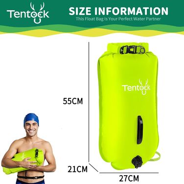 Tentock Плавуча сумка 28L, водонепроникна, надувна, для плавання та водного спорту. Безпечний плавучий засіб для триатлонів, каякінгу та снорклінгу. Колір: яскраво-зелений.