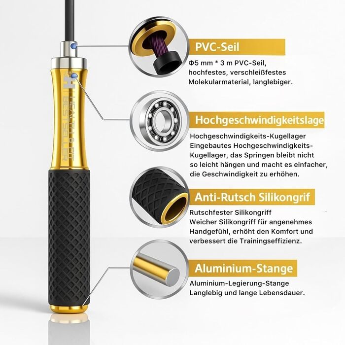 Стрибкове канат PREMIUM з металу – регульований фітнес-канат з силіконовими ручками | Для кардіотренувань, витривалості та домашніх тренувань – HEALTH & FIT