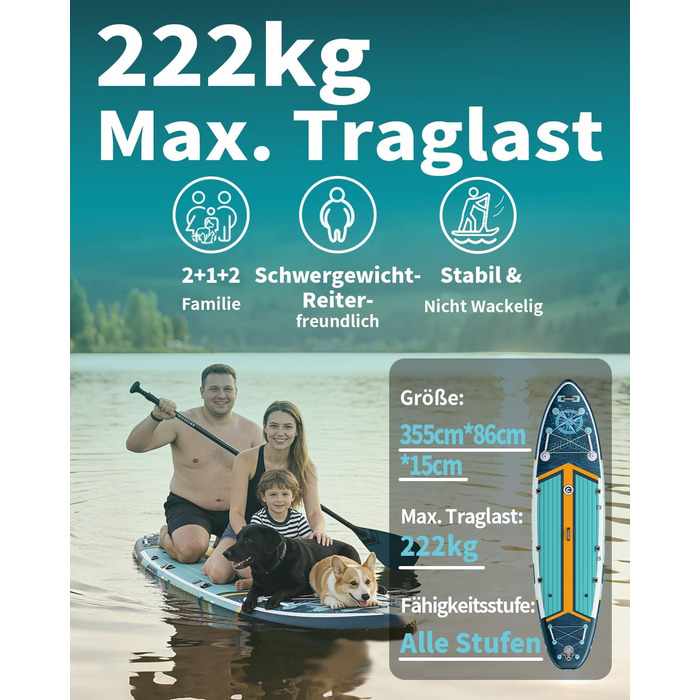 SUP дошка COOLCAA Trail Blazer-1 надувна, 355 см, ширина 86 см, вантажопідйомність 222 кг, з аксесуарами та сумкою для перенесення, для дорослих