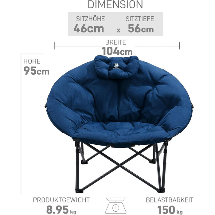 Крісло для кемпінгу EVER ADVANCED Luxus Moonchair XXL - велике розкладне крісло для відпочинку, 150 кг, блакитне