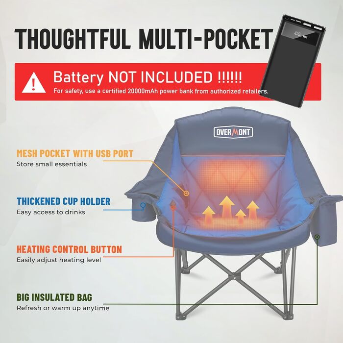 Обідній стілець для кемпінгу OVERMONT з підігрівом XL, розкладний, для відпочинку на природі, риболовлі, блакитний