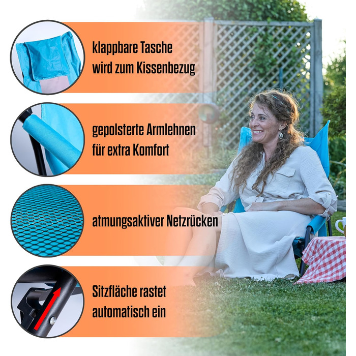 Крісло для кемпінгу Fuchs Camper Strandstuhl – розкладне, з високою спинкою та сіткою, з підстаканником та кишенею, чорне, вантажопідйомність 150 кг