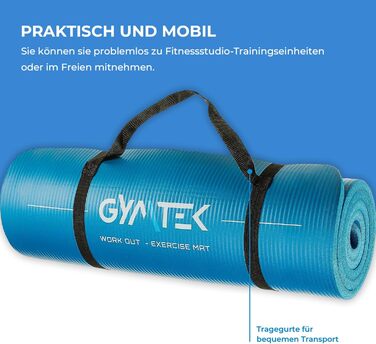 Гімнастичний килимок Gymtek 180x61 см, NBR 1,5 см, для йоги, фітнесу, пілатесу, з ременем, синій
