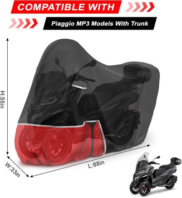 Водонепроникний чохол для мотоцикла Piaggio MP3 400/500 (з кофром), чорний та червоний, 420D Oxford