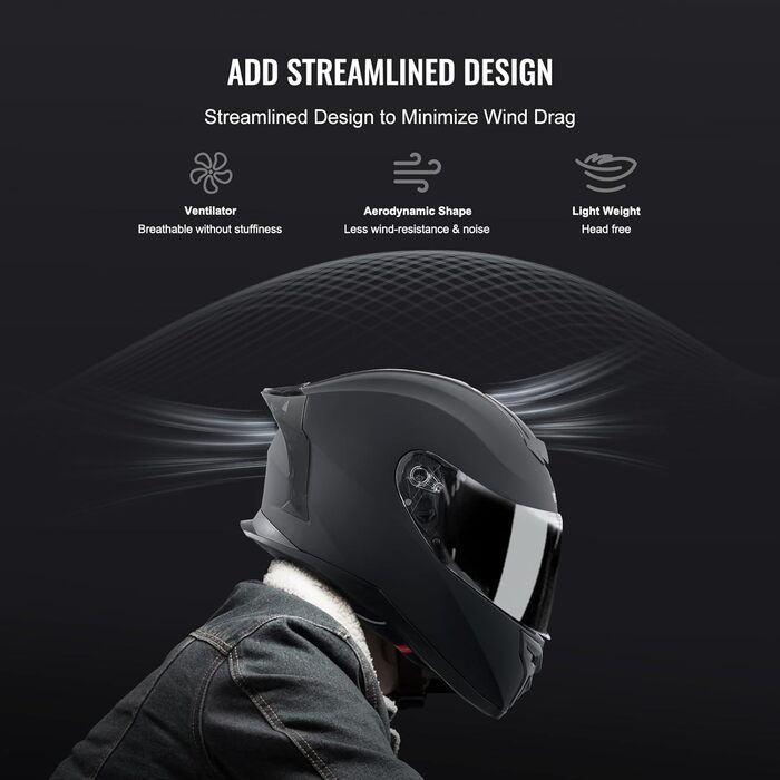 Мотошолом VEVOR інтегральний S, ABS, Bluetooth, змінне скло, DOT, чорний, для підлітків і дорослих