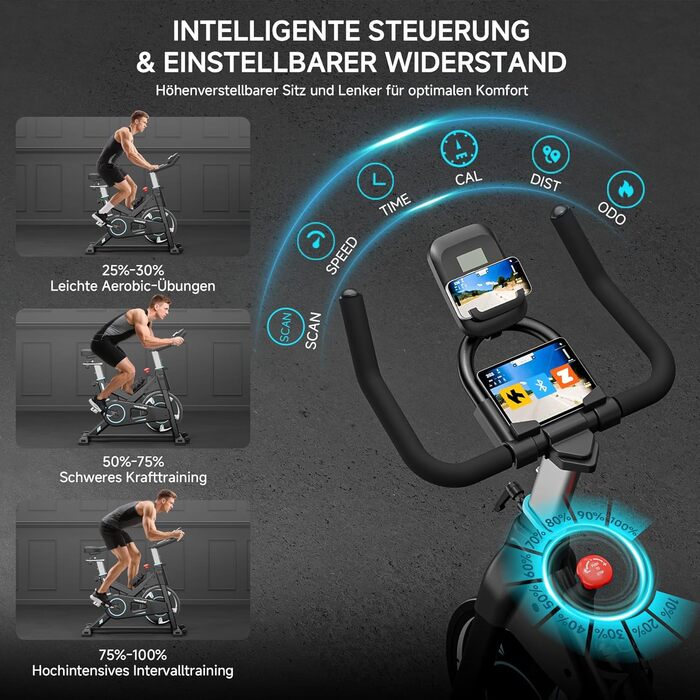 Велотренажер Wenoker з APP, магнітний опір, для дому, Indoor Bike, LCD-дисплей, вантажопідйомність 160 кг, турквіс