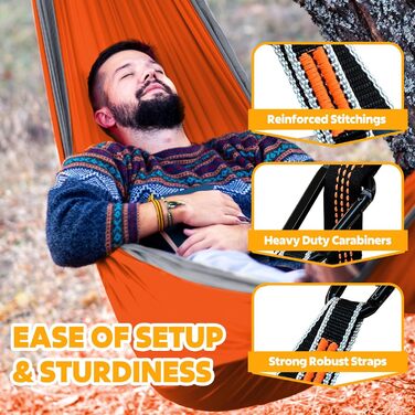 Гамак для кемпінгу NATUREFUN Ultraleicht | 300 кг, 275 x 140 см, дихаючий, швидковисихаючий, для відпочинку вдома, на природі, у саду (помаранчевий/сірий)