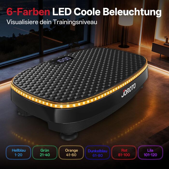 Віброплатформа JOROTO JV50/JV60 з 3 моторами, 4D вібрація, Bluetooth, LED-підсвітка для дому, до 158 кг, 10 режимів та 120 рівнів