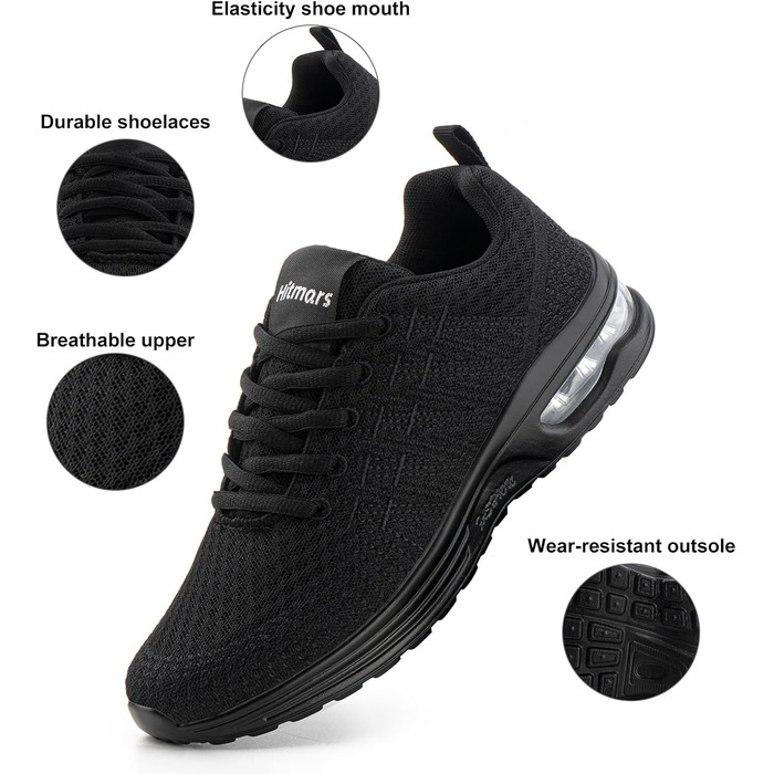 Жіночі кросівки для бігу Hitmars: спортивне взуття з повітряною подушкою, дихаюче, з неслизькою підошвою, легкі, для бігу по вулицях, для фітнесу, ходьби, розміри EU 36-42, чорний колір