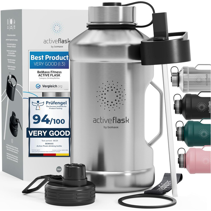 Спортивна пляшка з нержавіючої сталі ACTIVE FLASK 2,2 л з 3 кришками та трубочкою, BPA-free, герметична, підходить для газованої води, XL фляга для спорту, фітнесу, аутдору