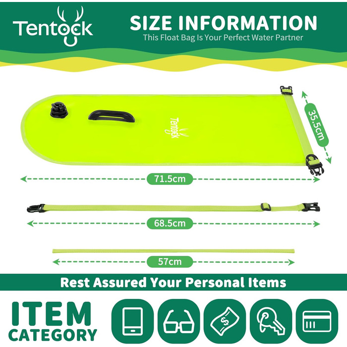 Tentock Плавуча сумка 28L, водонепроникна, надувна, для плавання та водного спорту. Безпечний плавучий засіб для триатлонів, каякінгу та снорклінгу. Колір: яскраво-зелений.