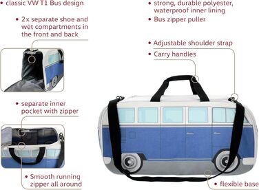 Сумка BRISA VW у стилі Volkswagen T1 Bulli, спортивна, через плече, ретро, велика, синьо-бежева, 60x30x30 см
