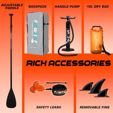 Надувна SUP-дошка FunWater з аксесуарами: ультралегка дошка для веслування стоячи, 3 плавці, регульоване весло, насос, рюкзак, страховий шнур, водонепроникний чохол для телефону