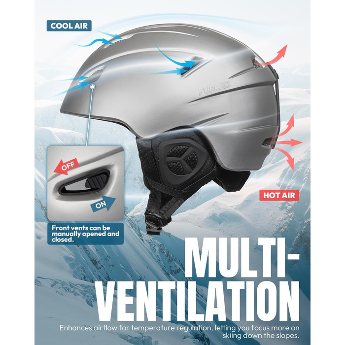 Шолом гірськолижний унісекс, регульований, 12 вентиляційних отворів, знімний внутрішній підкладковий шар та навушники, легкий сноуборд шолом для зимових видів спорту (сріблястий, L: 59-61 см)