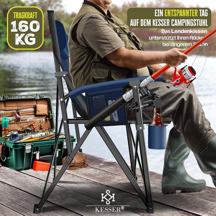 Крісло для кемпінгу KESSER® розкладне, 160 кг | Зручне рибальське крісло з підлокітниками, кишенею для напоїв та світлом | Для відпочинку на природі, пляжі, риболовлі | Navy Blue / Black