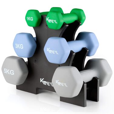 Набір неопренових гантелей KM-Fit 18 кг зі стійкою, чавунні куржгантелі 1–5 кг для фітнесу та силових тренувань вдома
