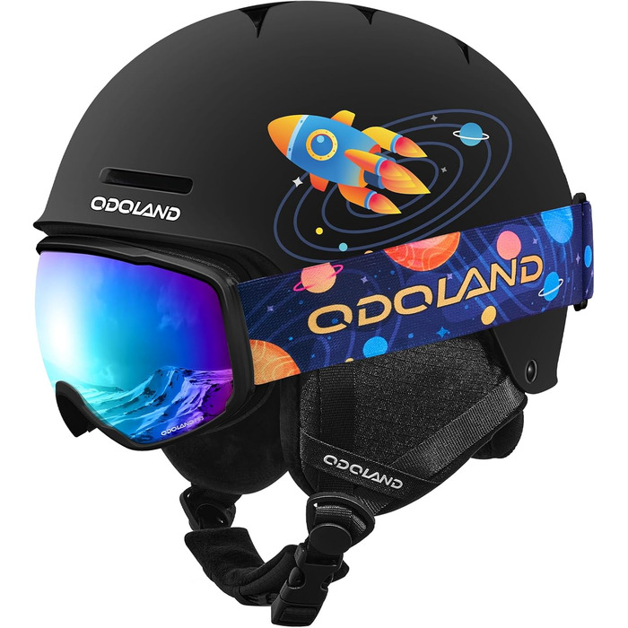Дитячий гірськолижний шолом та маска Odoland, гірськолижний шолом для хлопчиків та дівчаток, регульований, чорний, з дизайном ракети (54-56 см)