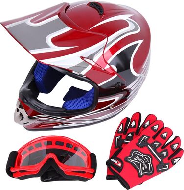 Шолом Samger DOT для дітей та підлітків, Motocross, Off Road, Dirt Bike, ATV, мотоциклетний, комплект з рукавичками та окулярами (L, Червоний)