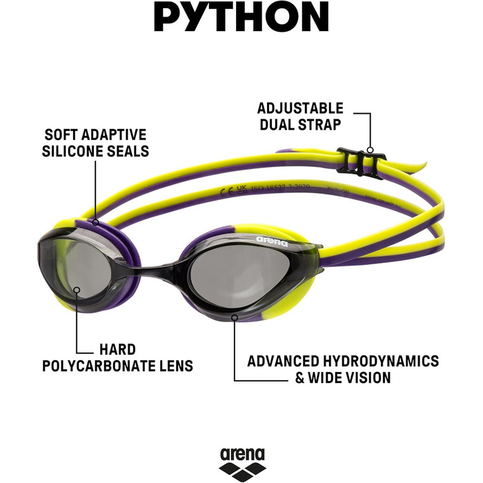 Окуляри для плавання ARENA Python Unisex (антифог, комфорт, подвійний ремінець, Smoke/Plum/Arctic Lime)