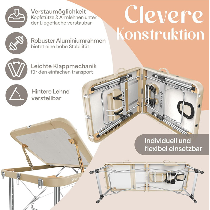 Масажне ліжко KESSER® з 3 зонами, до 250 кг, складне, регульоване, з аксесуарами (підголовник, підлокітники, сумка), антиковзне покриття, бежеве