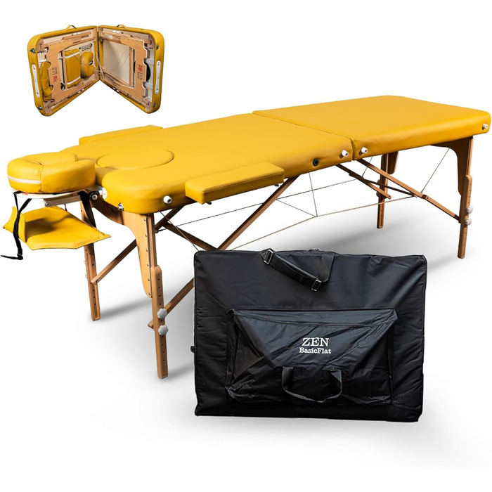 Масажний стіл Zen Basic III: складаний, мобільний, дерев'яний, з регулюванням висоти, для тату та косметології, з підголівником та підлокітниками (кремовий/жовтий)