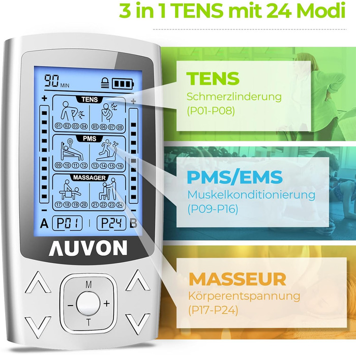 Пристрій TENS EMS AUVON: 2 канали, 24 режими, 12 електродів для зняття болю та масажу спини та шиї