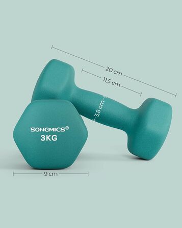 Гантелі SONGMICS 2 x 3 кг, шестигранні, неопрентове покриття, набір для фітнесу та силових тренувань вдома, аквамаринові