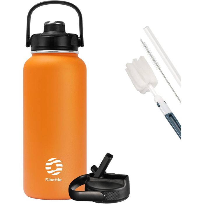 Fjbottle пляшка для води з нержавіючої сталі зі соломинкою 950/1200 мл, 2 кришки, BPA Free, герметична термофляга для спорту, велосипеда, школи, газованої води, фітнесу