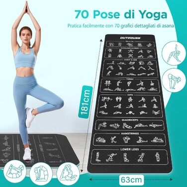 Килимок для йоги спортивний – 70 надрукованих поз, неслизький матеріал TPE, для гімнастики, пілатесу, дому та подорожей, фітнес килимок для жінок та чоловіків, 181x63x0,6 см (зелений та чорний)