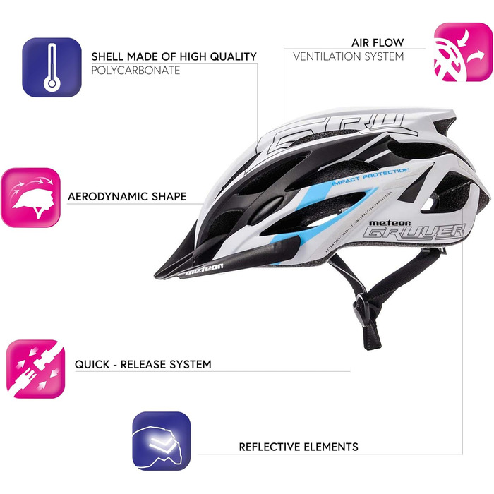 Велошолом meteor® GRUVER для дорослих і дітей, MTB, BMX, скейтборд, самокат, розмір L (58-61 см), білий/чорний/синій