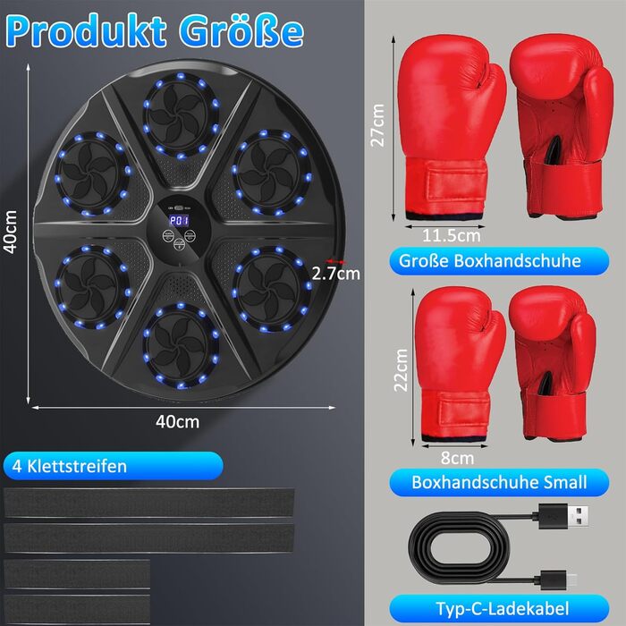 Yeelan Музичний бокс для боксу, Bluetooth, LED, настінний, з рукавичками, для дорослих і дітей, тренування та зняття стресу