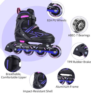 Інлайни BELEEV для дітей, підлітків та дорослих, ролики з регульованим розміром, світлодіодні шнурки та колеса, фіолетовий (EU 38-41)