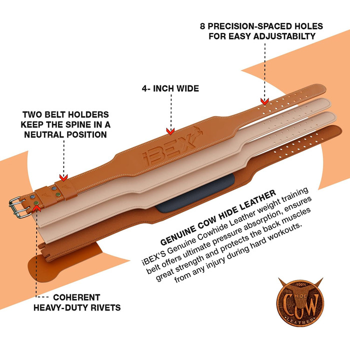 Пояс для важкої атлетики IBEX, шкіряний, 10.2 см, з підкладкою, підтримка поперекових хребців, замшеве оздоблення, сталева пряжка, для функціональних тренувань, бодібілдингу, пауерліфтингу, жиму лежачи, фітнес-залу, тренажеру