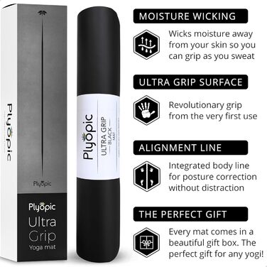 Килимок для йоги Plyopic Ultra-Grip Pro – нековзкий, комфортний, стійкий до поту, з розміткою. Підходить для йоги, джоги, пілатесу, бікрам-йоги та хот-йоги. Чорний колір (Midline)