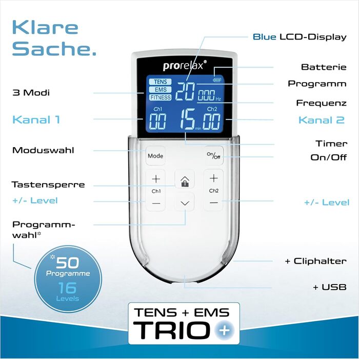 Prorelax Trio+ - електростимулятор для терапії та фітнесу (TENS, EMS) | 50 програм, 16 рівнів інтенсивності