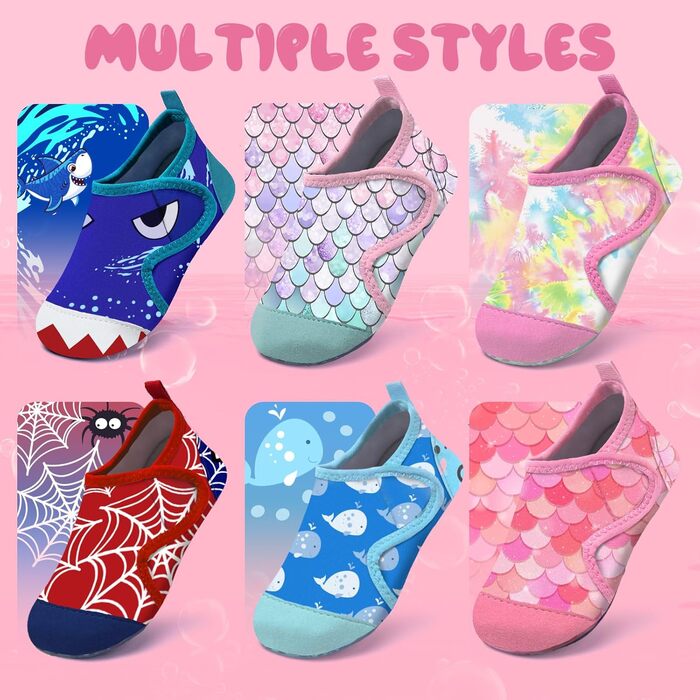 Дитячі шльопанці для басейну WateLves: аквашузи для хлопчиків та дівчаток, швидко сохнуть, підошва не слизька (30/31 EU, Рожевий Tiedye)