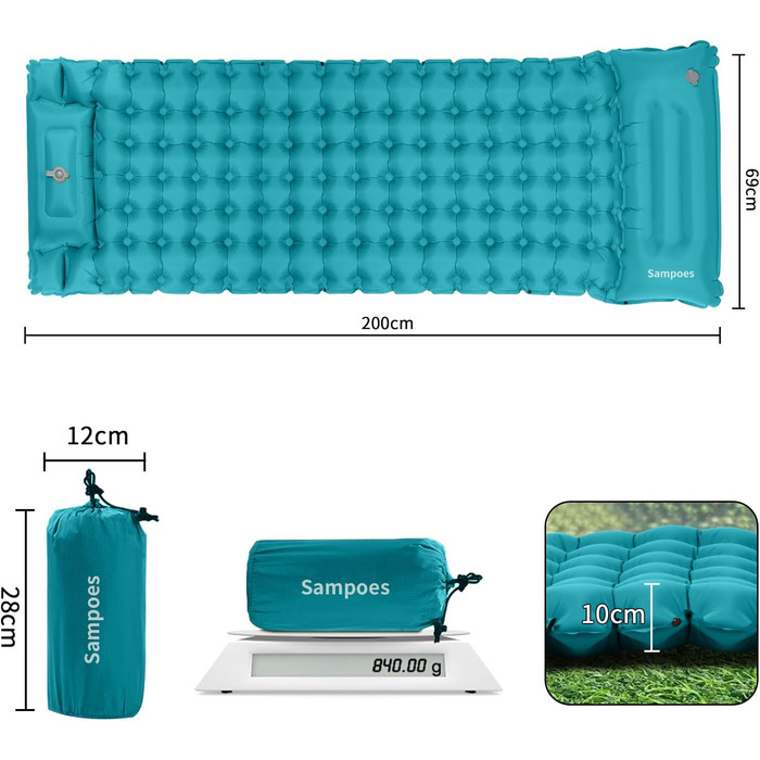 Надувний килимок для кемпінгу Isomatte 10 см, самонадувний, з насосом, для туризму та відпочинку на природі, односпальний, блакитний