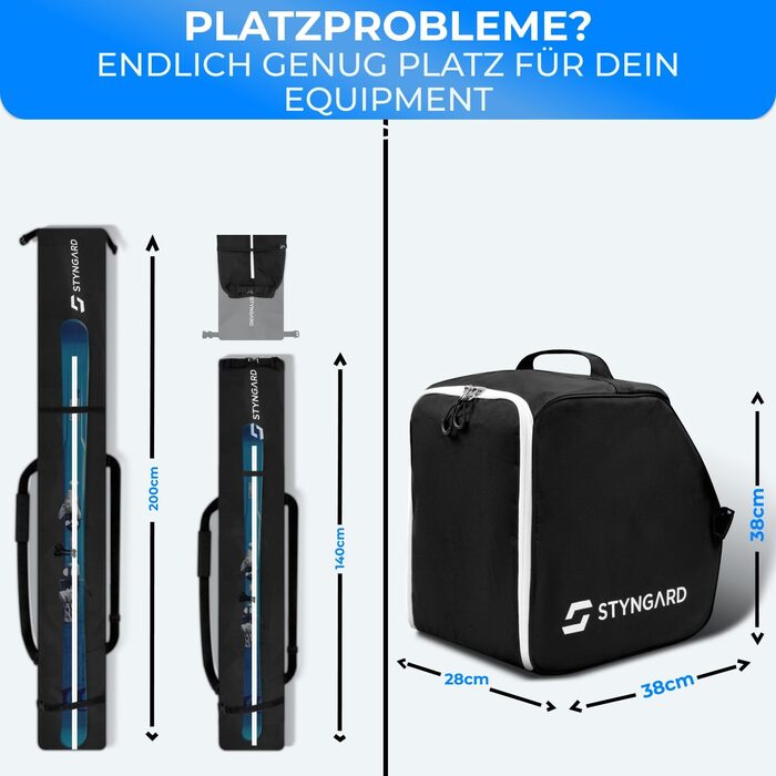 Набір STYNGARD для лиж: сумка для лиж (120-160 см) та сумка для лижних черевиків з відділенням для шолома (40 л), з вентиляційними гратами, модель St. Moritz (чорно-білий)
