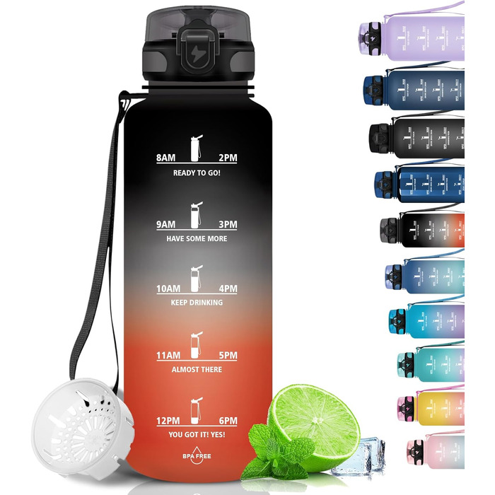 Спортивна пляшка для води Grsta 1,5 л, BPA Free, з фільтром, для газованої води, герметична, з часовою розміткою, чорна-червона, для спорту, школи, офісу та вулиці