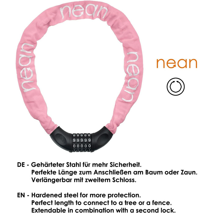 Велосипедне замкeць Nean з кодом та високим рівнем безпеки, 6 мм x 900 мм, рожевий