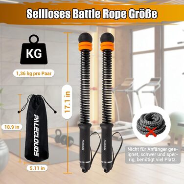 Тренувальні канати Battle Rope без мотузки, регульовані, з сумкою та інструкцією, для HIIT, силових тренувань, спалювання жиру, домашній спортзал